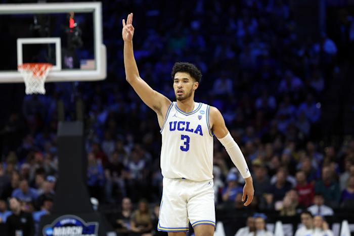 UCLA Bruins guard Johnny Juzang (3) reacts in the semifinals of the East regional of the men's college basketball NCAA Tournament.
